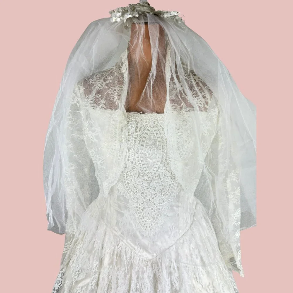 Vintage Scott McClintock 80s Strapless White Lace Wedding Dress Set 1950s style - Picture 12 of 16